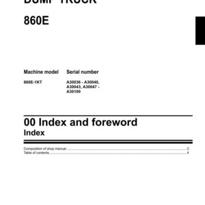 May include: A white shop manual page with the title "DUMP TRUCK 860E". The page includes the text "Machine model" and "Serial number", along with a list of serial numbers. The Komatsu logo is at the bottom.