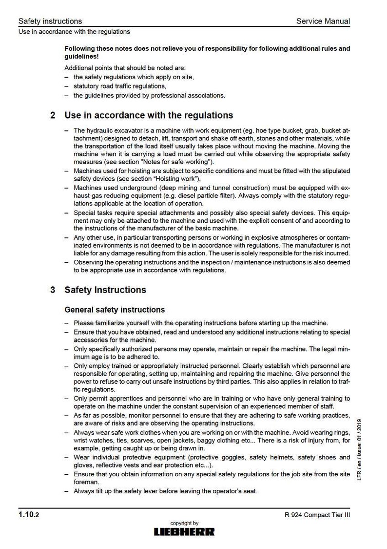 May include: A service manual page with safety instructions for a hydraulic excavator. The text includes guidelines, regulations, and general safety instructions for operating the machine. The document is from Liebherr.