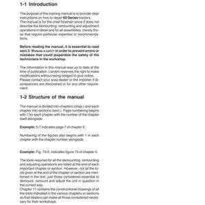 May include: A white manual page with the title "INTRODUCTION" and "Sect.1 - Reading the manual." The text describes the manual's purpose, structure, and safety instructions for repairing 60 Series tractors. The page includes examples of chapter and figure numbering.