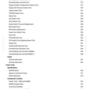 May include: A page from a manual with a list of tests and components, including "Alternator Unregulated Amperage Test," "Starting Motor Condition," and "Fuel Sending Unit Test." The page also lists repair items and specifications.