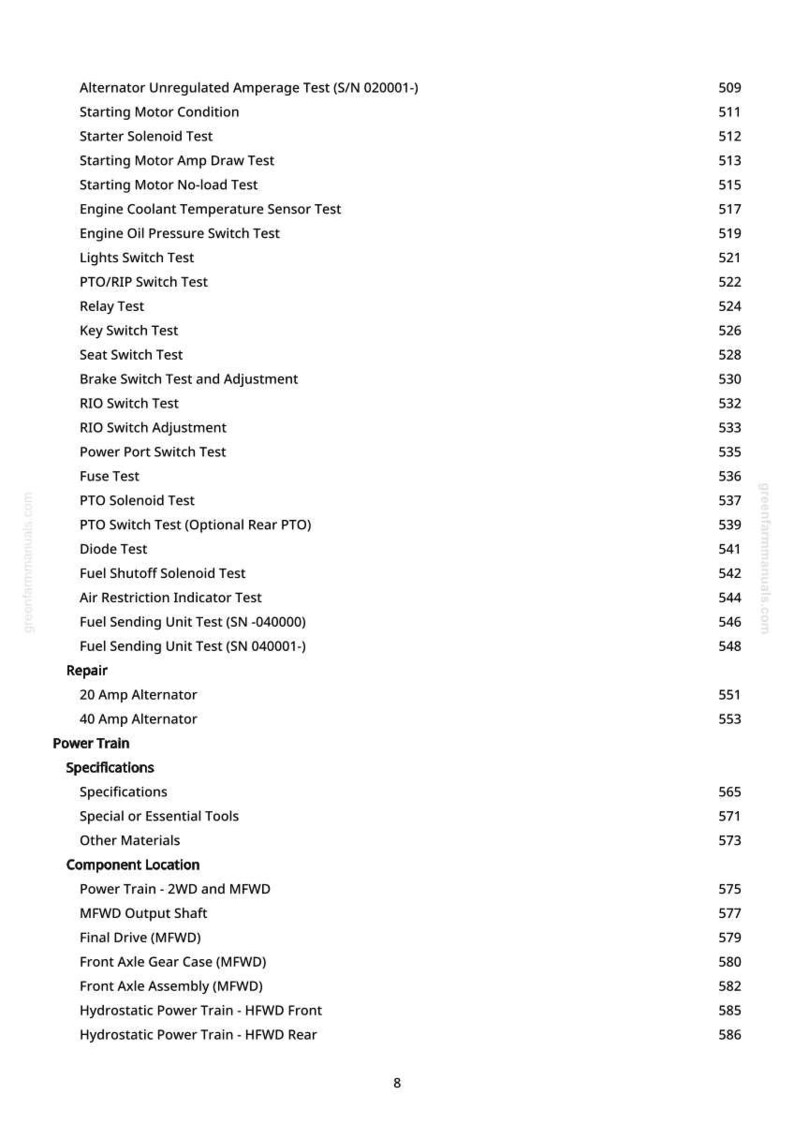 May include: A page from a manual with a list of tests and components, including "Alternator Unregulated Amperage Test," "Starting Motor Condition," and "Fuel Sending Unit Test." The page also lists repair items and specifications.