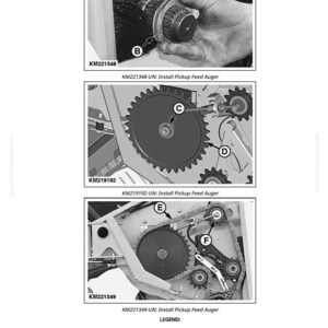 May include: Diagrams illustrating the installation of a pickup feed auger. The images show various mechanical components, including gears, chains, and a tensioner. Text labels identify parts like spacers, washers, and drive sprockets. The diagrams are labeled with part numbers and installation instructions.
