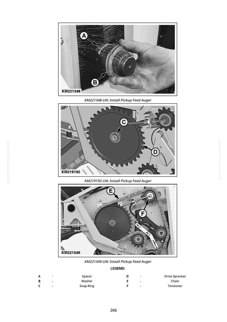 May include: Diagrams illustrating the installation of a pickup feed auger. The images show various mechanical components, including gears, chains, and a tensioner. Text labels identify parts like spacers, washers, and drive sprockets. The diagrams are labeled with part numbers and installation instructions.