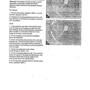May include: Technical diagram from the Perkins Phaser/1000 Series, April 1995, detailing flywheel housing removal and fitting. Includes diagrams labelled A and B, with instructions for mechanics.