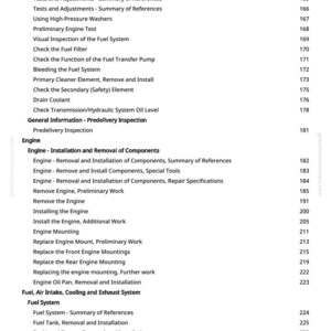 May include: A white page with a detailed table of contents for an engine repair manual. The text includes sections on engine components, fuel systems, and air induction, with page numbers listed on the right.