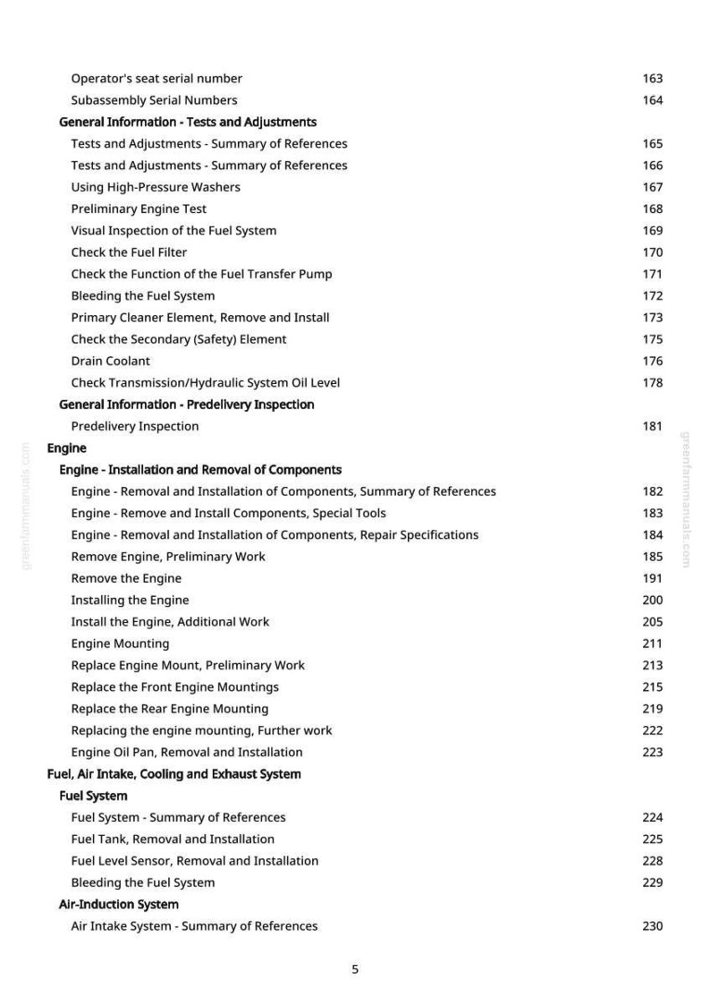 May include: A white page with a detailed table of contents for an engine repair manual. The text includes sections on engine components, fuel systems, and air induction, with page numbers listed on the right.