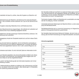 Op de afbeelding: Een pagina uit een onderdelencatalogus met Duitse tekst, inclusief conversietabellen voor volume, lengte, gewicht en snelheid. De catalogus bevat het Kramer-logo en is getiteld "Allgemeine Informationen zum Ersatzteilkatalog."
