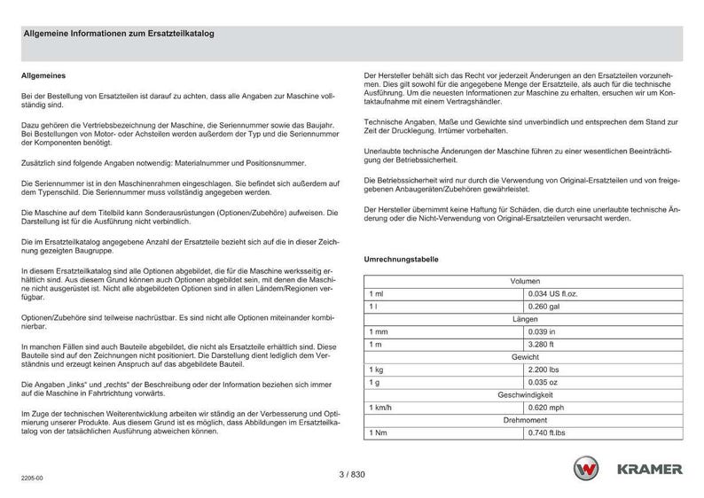Op de afbeelding: Een pagina uit een onderdelencatalogus met Duitse tekst, inclusief conversietabellen voor volume, lengte, gewicht en snelheid. De catalogus bevat het Kramer-logo en is getiteld "Allgemeine Informationen zum Ersatzteilkatalog."