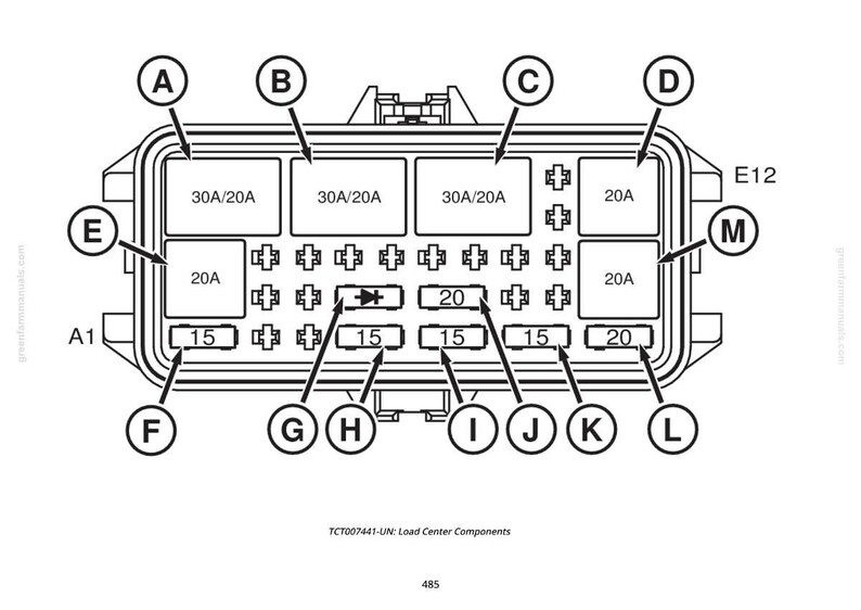 May include: Diagram of a load center with labeled components. Rectangular box with multiple fuse slots, labeled with numbers and letters. Includes amperage ratings like 30A/20A, 20A, and 15. Text at the bottom reads "TCT007441-UN: Load Center Components."