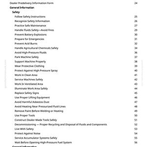 May include: A white page with a black-colored table of contents. The text includes safety instructions, maintenance guidelines, and information on handling fluids and preventing explosions. The page numbers are on the right.
