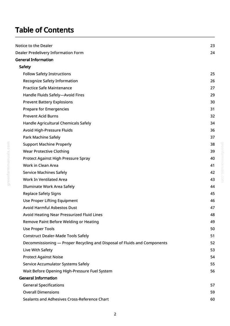 May include: A white page with a black-colored table of contents. The text includes safety instructions, maintenance guidelines, and information on handling fluids and preventing explosions. The page numbers are on the right.