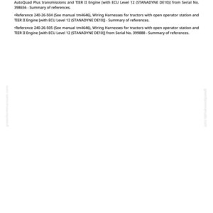May include: A white page with black text detailing wiring harnesses for cab tractors and tractors with open operator stations. References include manual numbers and engine specifications. The page also includes the website address greenfarmmanuals.com and the number 425.