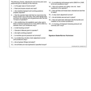 May include: A pre-delivery inspection checklist for a machine, with a white background and black text. The checklist includes items such as gear case oil level, paint and decals, and machine transport.