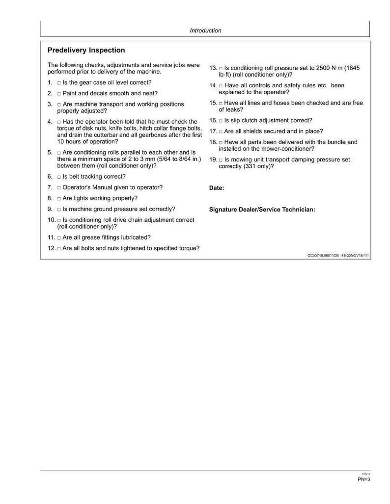 May include: A pre-delivery inspection checklist for a machine, with a white background and black text. The checklist includes items such as gear case oil level, paint and decals, and machine transport.