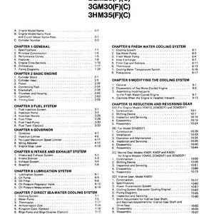 以下が含まれることがあります： 1GM10(C), 2GM20(F)(C), 3GM30(F)(C), および 3HM35(F)(C) のエンジンモデルの章とセクションをリストしたマニュアルの目次。 日本で印刷されたドキュメント。