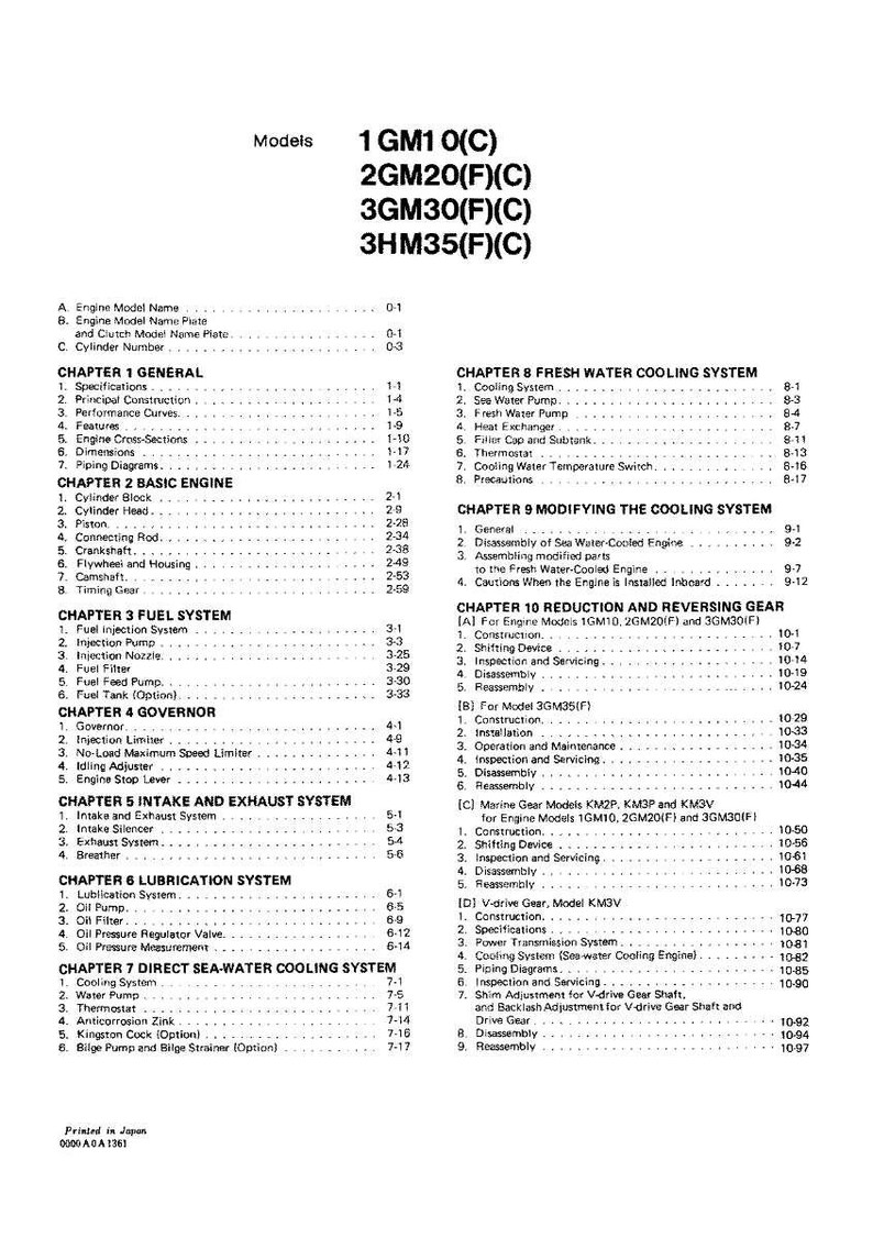 以下が含まれることがあります： 1GM10(C), 2GM20(F)(C), 3GM30(F)(C), および 3HM35(F)(C) のエンジンモデルの章とセクションをリストしたマニュアルの目次。 日本で印刷されたドキュメント。