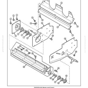 Puede incluir: Un diagrama explosionado de los protectores traseros y el batidor de un m&oacute;dulo, con componentes numerados. El diagrama incluye varias piezas met&aacute;licas, pernos y cubiertas. El texto "Module Rear Shields and Beater-Exploded View" est&aacute; en la parte superior.