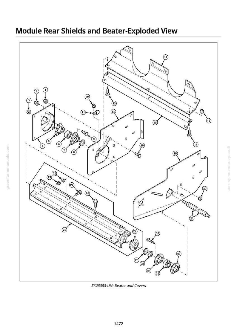 Puede incluir: Un diagrama explosionado de los protectores traseros y el batidor de un m&oacute;dulo, con componentes numerados. El diagrama incluye varias piezas met&aacute;licas, pernos y cubiertas. El texto "Module Rear Shields and Beater-Exploded View" est&aacute; en la parte superior.