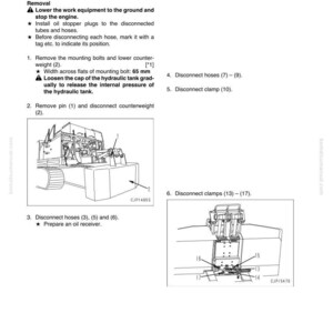 Op de afbeelding: Een pagina uit een handleiding met instructies voor het verwijderen en installeren van een contragewichtverwijderingsassemblage. De pagina bevat diagrammen, genummerde stappen en waarschuwingen. De afmetingen zijn in millimeters.