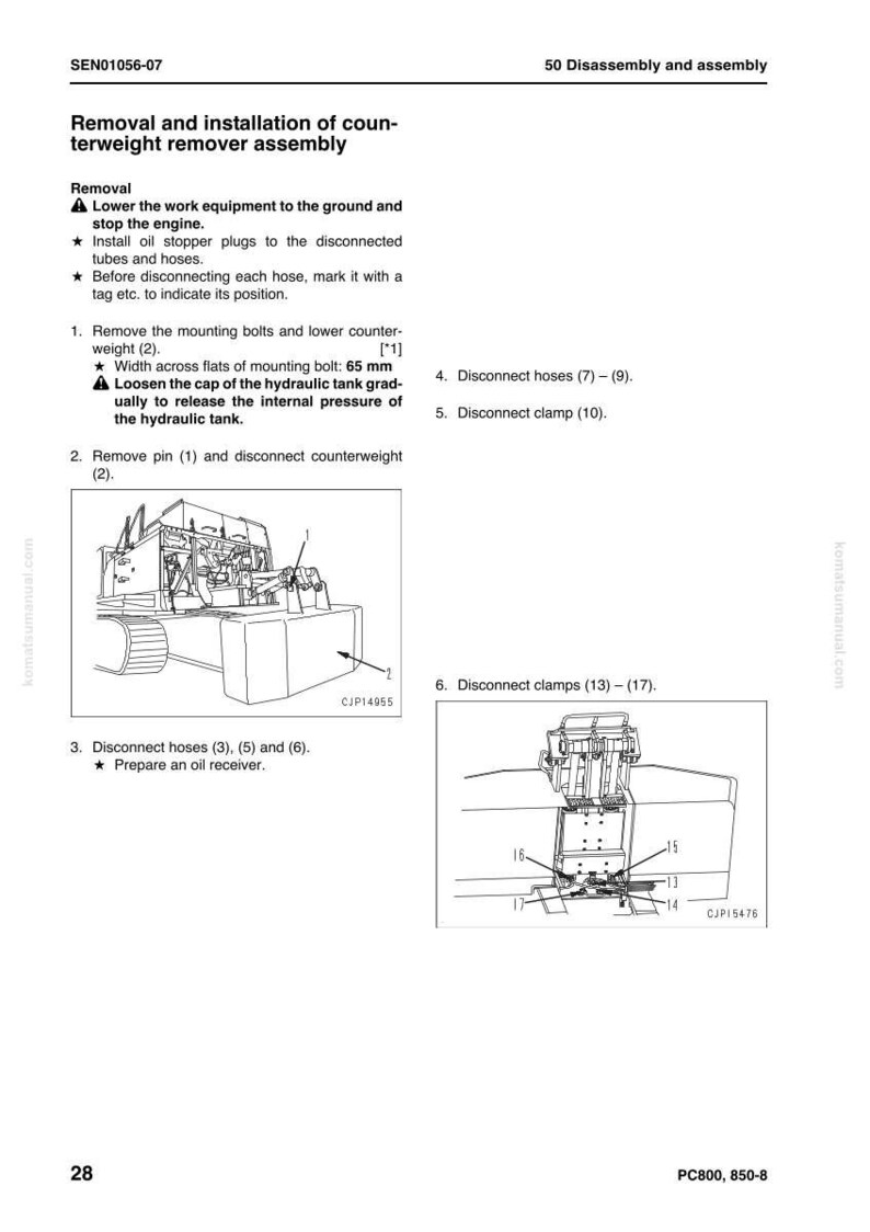 Op de afbeelding: Een pagina uit een handleiding met instructies voor het verwijderen en installeren van een contragewichtverwijderingsassemblage. De pagina bevat diagrammen, genummerde stappen en waarschuwingen. De afmetingen zijn in millimeters.