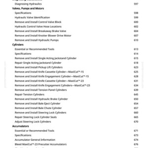 May include: A page from a manual with a table of contents. The text includes sections on hydraulic valves, cylinders, and accumulators, with page numbers listed on the right side.