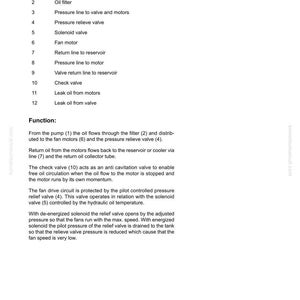 Puede incluir: Una p&aacute;gina de un manual que detalla la refrigeraci&oacute;n del aceite hidr&aacute;ulico. El texto incluye una leyenda para la ilustraci&oacute;n Z 25231, que enumera componentes como la bomba del ventilador, el filtro de aceite y la v&aacute;lvula de alivio de presi&oacute;n. La secci&oacute;n de funci&oacute;n explica el flujo de aceite y las operaciones de las v&aacute;lvulas.