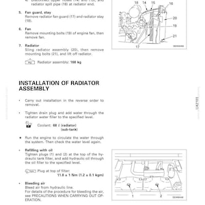 May include: Diagram from a manual detailing radiator disassembly and assembly. Includes illustrations of engine components, text instructions, and measurements. The radiator assembly weighs 168 kg.