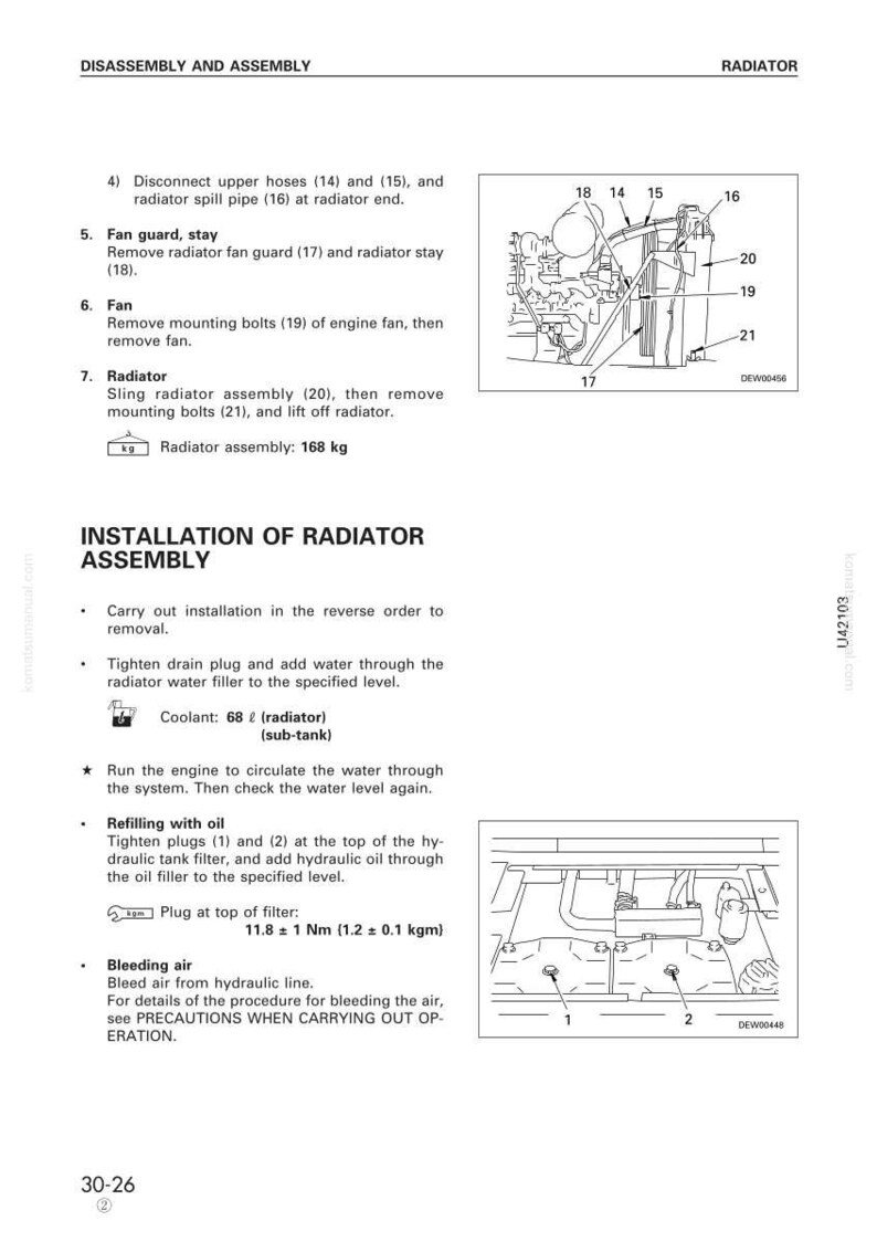 May include: Diagram from a manual detailing radiator disassembly and assembly. Includes illustrations of engine components, text instructions, and measurements. The radiator assembly weighs 168 kg.