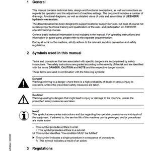 May include: A white and black technical manual page titled "Preface" with the Liebherr logo. The manual includes sections on general information, symbols, and regulations, with safety warnings and instructions.