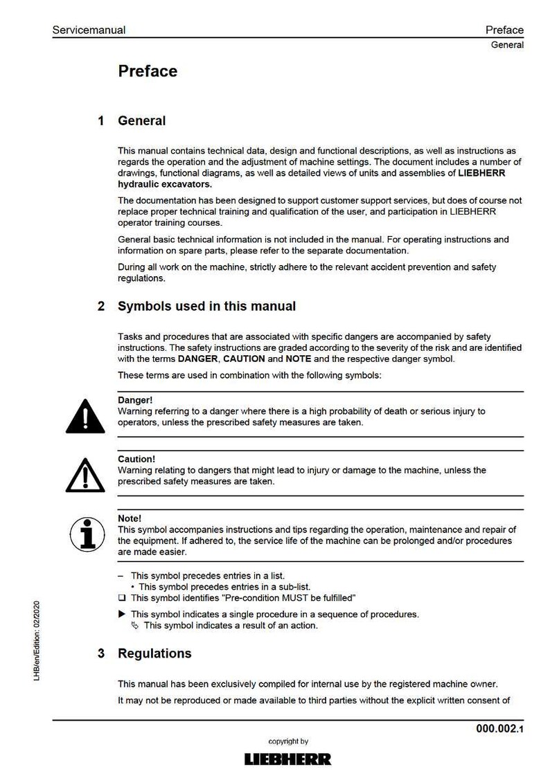 May include: A white and black technical manual page titled "Preface" with the Liebherr logo. The manual includes sections on general information, symbols, and regulations, with safety warnings and instructions.