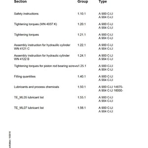 May include: A service manual page titled "SUBGROUP - INDEX" with a table listing sections like "Safety instructions" and "Tightening torques." The document includes the Liebherr logo and various model numbers.