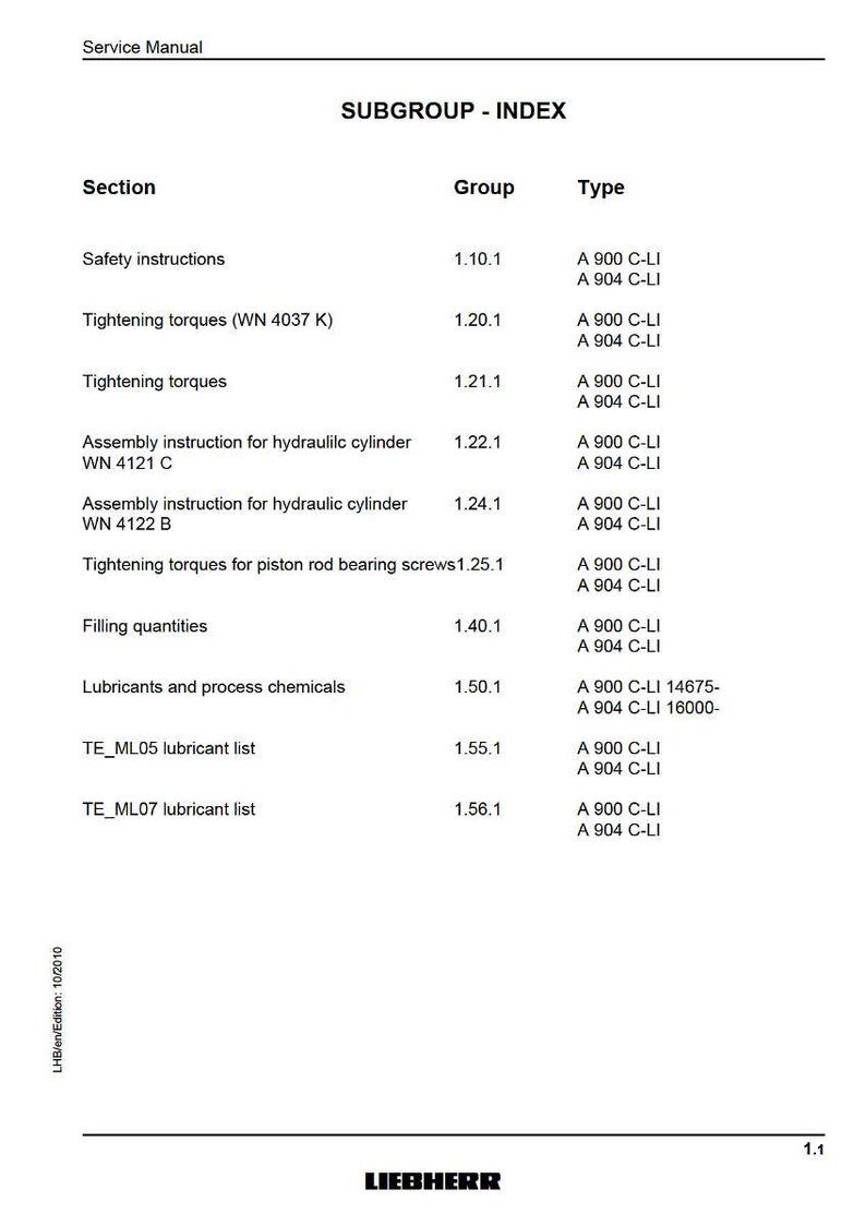 May include: A service manual page titled "SUBGROUP - INDEX" with a table listing sections like "Safety instructions" and "Tightening torques." The document includes the Liebherr logo and various model numbers.