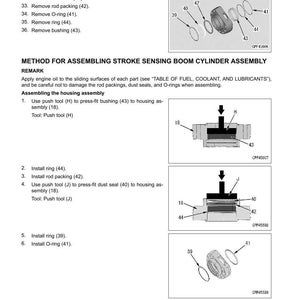 May include: Diagram of a stroke sensing boom cylinder assembly with exploded view of parts. Text instructions detail disassembly and assembly steps, including removing rings, seals, and packings. Illustrations show the use of push tools for assembly.