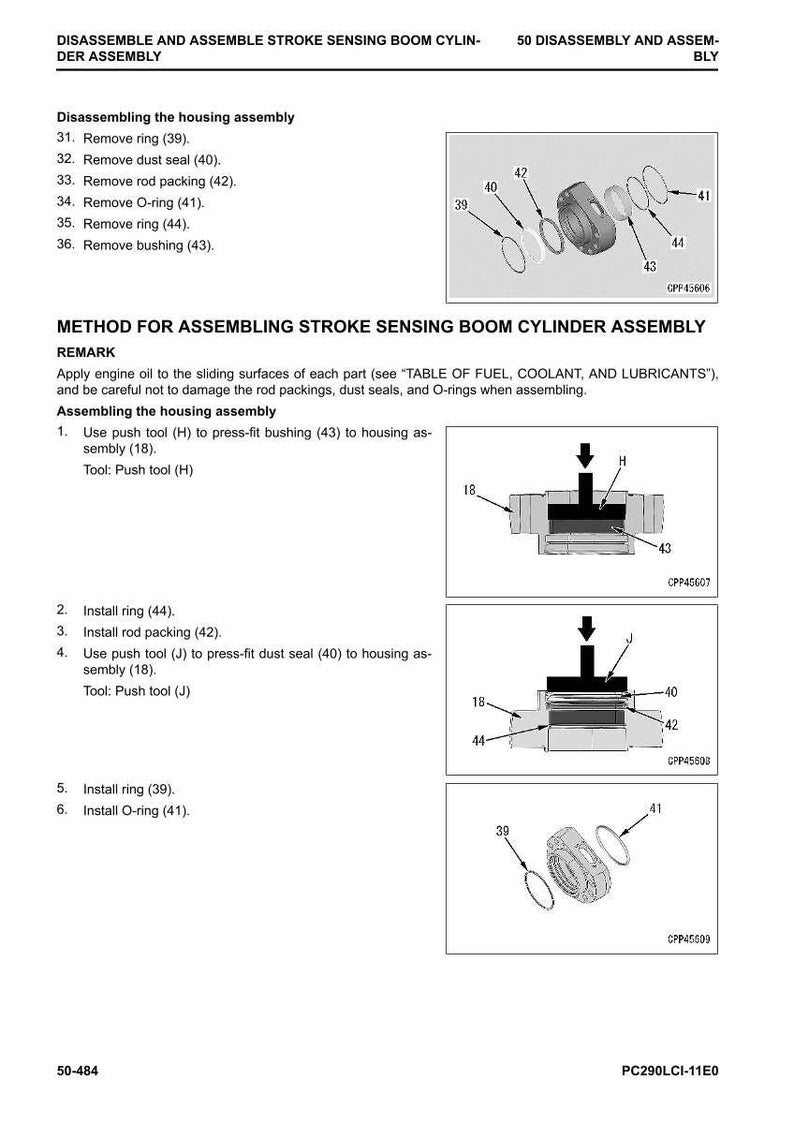May include: Diagram of a stroke sensing boom cylinder assembly with exploded view of parts. Text instructions detail disassembly and assembly steps, including removing rings, seals, and packings. Illustrations show the use of push tools for assembly.