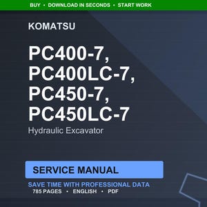 Puede incluir: Un manual de servicio digital para excavadoras hidr&aacute;ulicas Komatsu, incluyendo los modelos PC400-7, PC400LC-7, PC450-7 y PC450LC-7. El manual est&aacute; etiquetado como "Manual de servicio" y contiene 785 p&aacute;ginas de datos profesionales.