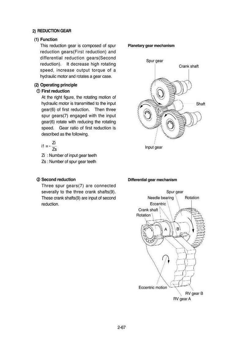 May include: Diagram of a reduction gear system, including planetary and differential gear mechanisms. The image shows spur gears, crank shafts, and other components with labels. Text explains the function and operating principles of the gear system.