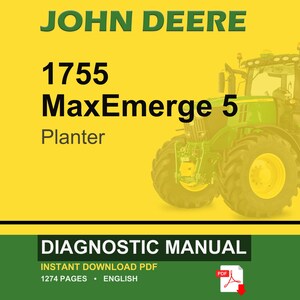 May include: A John Deere 1755 MaxEmerge 5 Planter diagnostic manual. The image features a green and yellow tractor on a yellow background. The text "DIAGNOSTIC MANUAL" is displayed at the bottom, along with "INSTANT DOWNLOAD PDF".