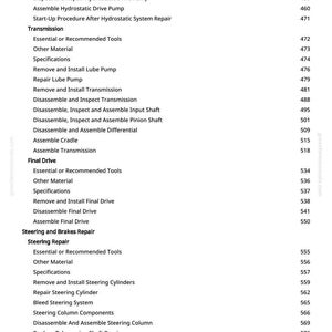 Puede incluir: Una p&aacute;gina de manual con un &iacute;ndice. El texto incluye procedimientos para la reparaci&oacute;n de la bomba de accionamiento hidrost&aacute;tico, la transmisi&oacute;n, el accionamiento final y la direcci&oacute;n. Los n&uacute;meros de p&aacute;gina est&aacute;n listados.