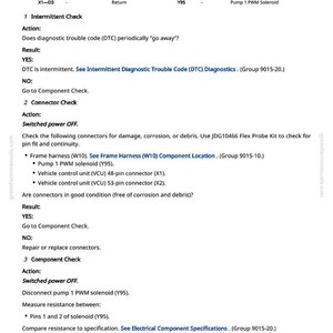 May include: A page from a greenfarmmanuals.com manual with diagnostic instructions. The text includes a legend, intermittent check, connector check, and component check procedures. The page has a white background with black text.