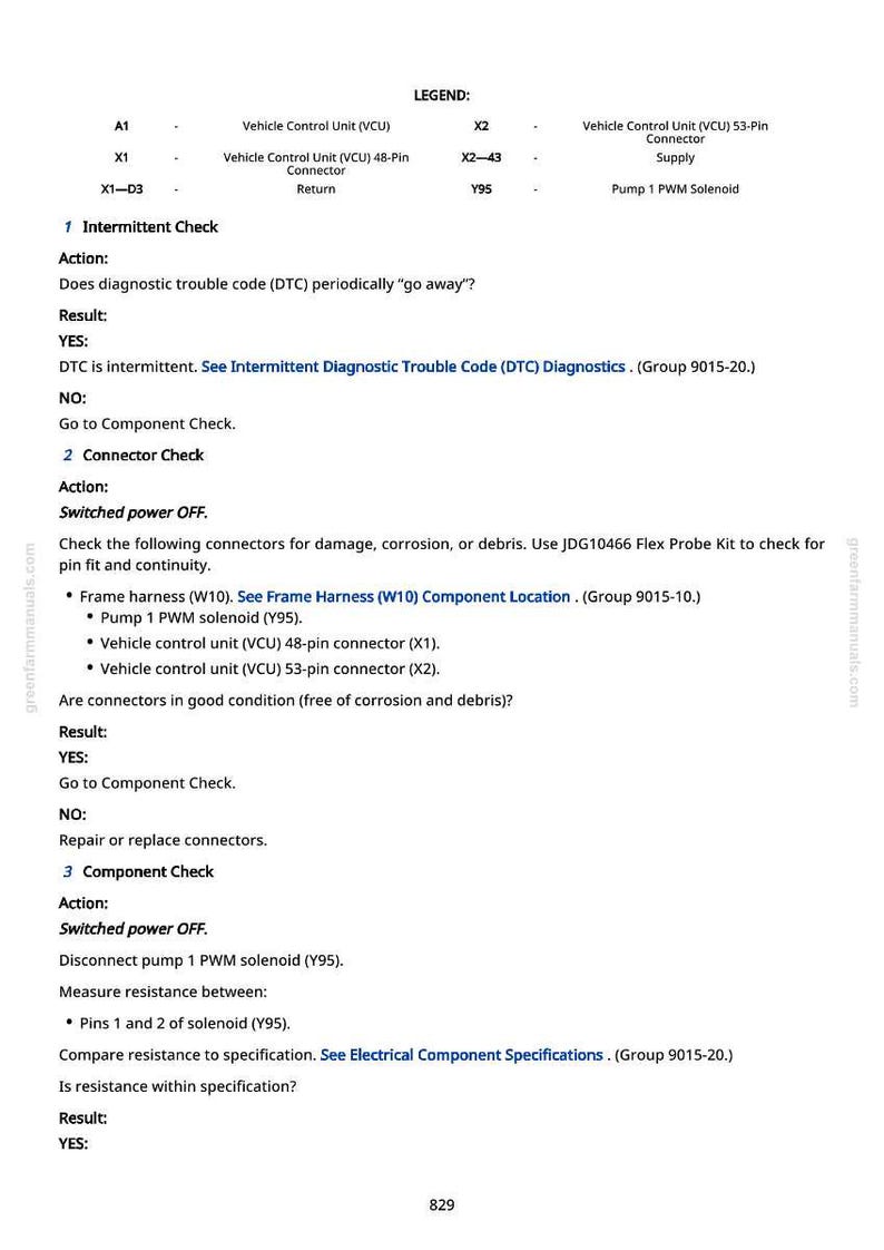 May include: A page from a greenfarmmanuals.com manual with diagnostic instructions. The text includes a legend, intermittent check, connector check, and component check procedures. The page has a white background with black text.
