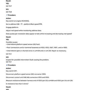 May include: A white page with black text detailing procedures, results, and possible causes for troubleshooting. The text includes instructions for adjusting reel speed, checking sensors, and electrical connections. The number 1082 is at the bottom.