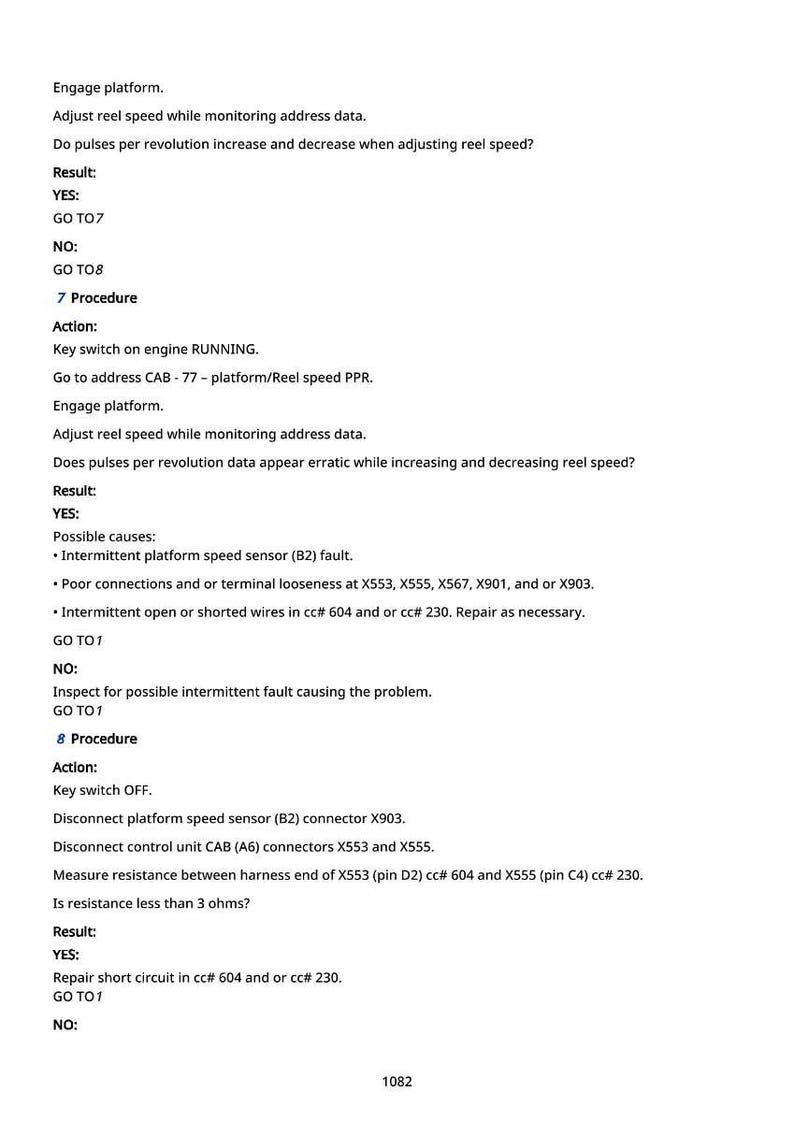 May include: A white page with black text detailing procedures, results, and possible causes for troubleshooting. The text includes instructions for adjusting reel speed, checking sensors, and electrical connections. The number 1082 is at the bottom.