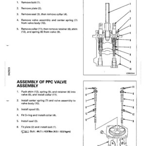 K&ouml;nnte beinhalten: Diagramm zur Montage und Demontage der PPC-Ventilbaugruppe. Das Bild enth&auml;lt detaillierte Illustrationen der Ventilkomponenten mit nummerierten Etiketten. Der Text liefert Schritt-f&uuml;r-Schritt-Anweisungen.