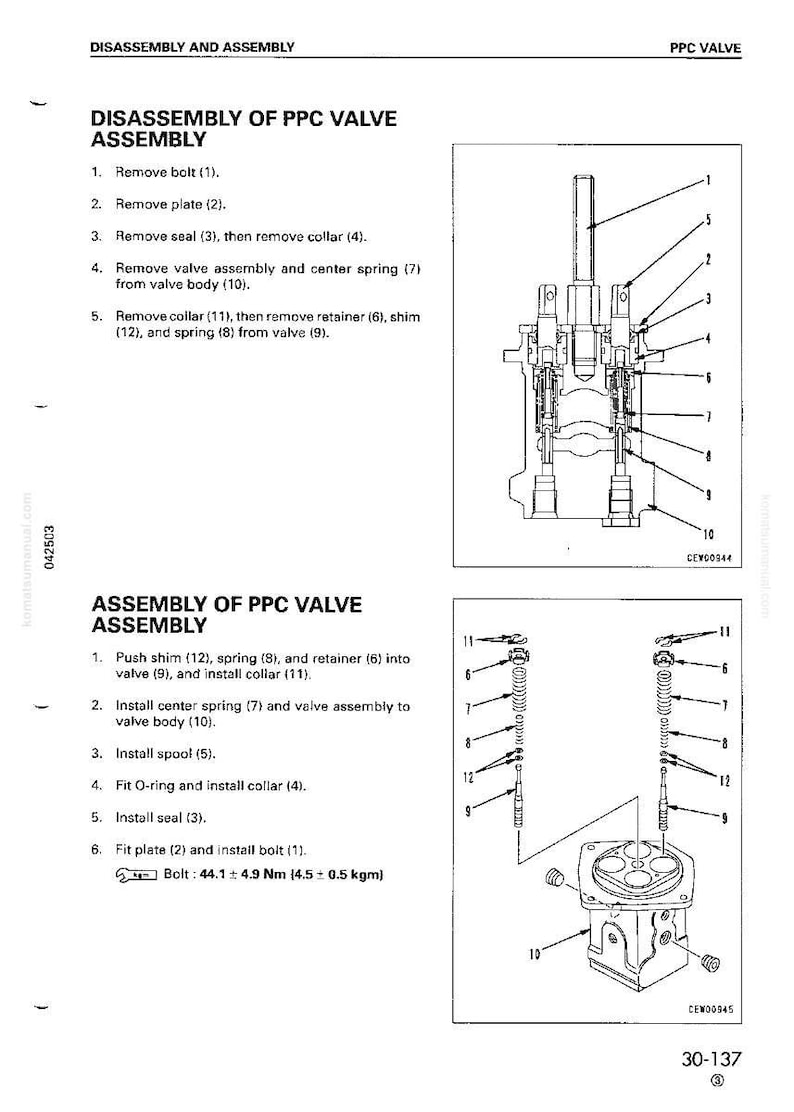 K&ouml;nnte beinhalten: Diagramm zur Montage und Demontage der PPC-Ventilbaugruppe. Das Bild enth&auml;lt detaillierte Illustrationen der Ventilkomponenten mit nummerierten Etiketten. Der Text liefert Schritt-f&uuml;r-Schritt-Anweisungen.