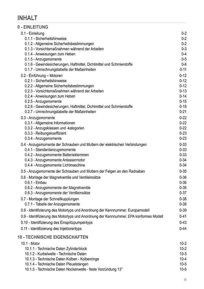 Op de afbeelding: Een gedetailleerde inhoudsopgave in het Duits, getiteld "INHALT", met verschillende secties en subsecties. Het document behandelt onderwerpen als veiligheidsinstructies, motorintroducties en technische specificaties, met paginanummers.