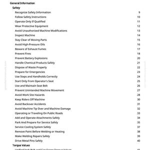 May include: A white page with the title "Table of Contents" and a list of safety topics, including "Recognize Safety Information" and "Prevent Fires". The page also lists "Torque Values".