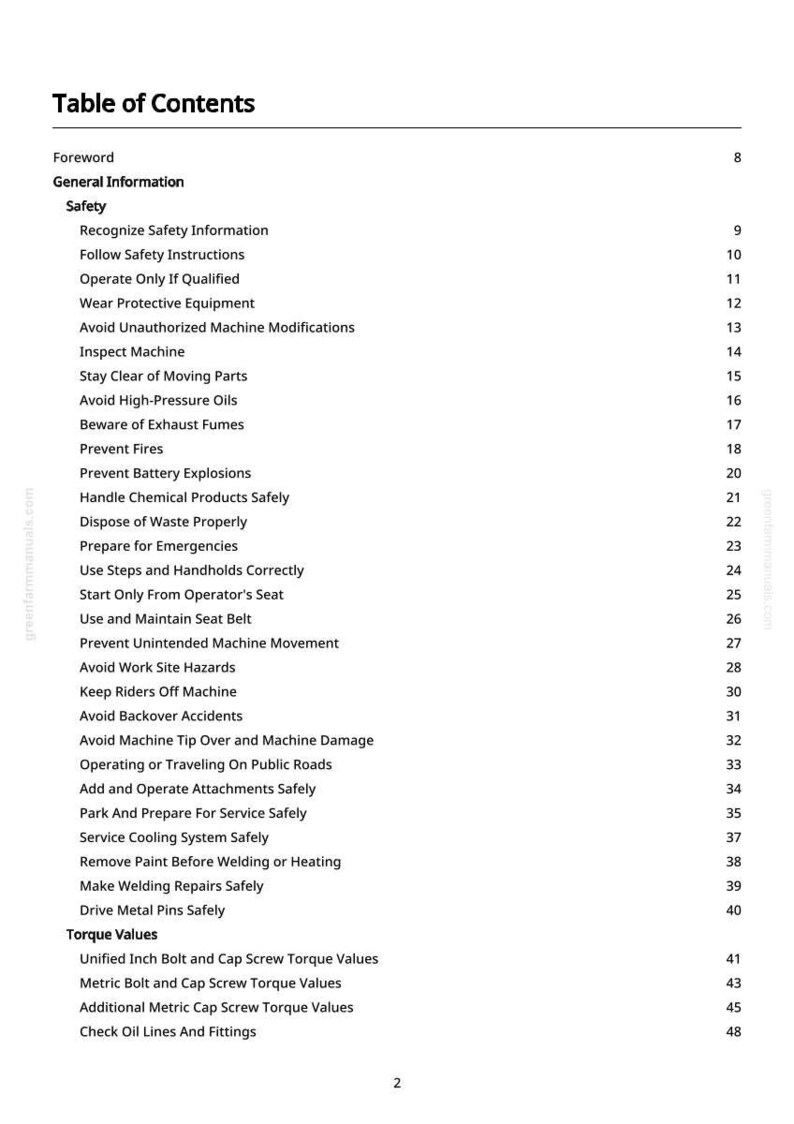 May include: A white page with the title "Table of Contents" and a list of safety topics, including "Recognize Safety Information" and "Prevent Fires". The page also lists "Torque Values".