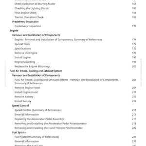 Op de afbeelding: Een pagina uit een handleiding met een inhoudsopgave. De tekst bevat secties over motoronderhoud, brandstofsystemen en snelheidsregeling. Het paginanummer is 5.