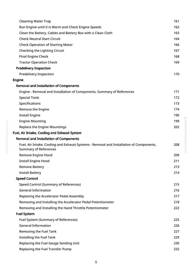 Op de afbeelding: Een pagina uit een handleiding met een inhoudsopgave. De tekst bevat secties over motoronderhoud, brandstofsystemen en snelheidsregeling. Het paginanummer is 5.