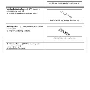 K&ouml;nnte beinhalten: Abbildung von Elektrowerkzeugen: WEATHER PACK Extractor, Terminal Extraction Tool, Crimpzange und Elektrikerzange. Jedes Werkzeug ist mit einem Produktcode und einer Beschreibung versehen.